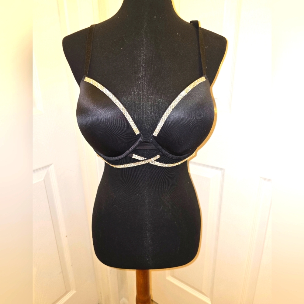 Victoria's Secret Black and Silver Rhinestone Push Up Bra W/ Convertible Straps